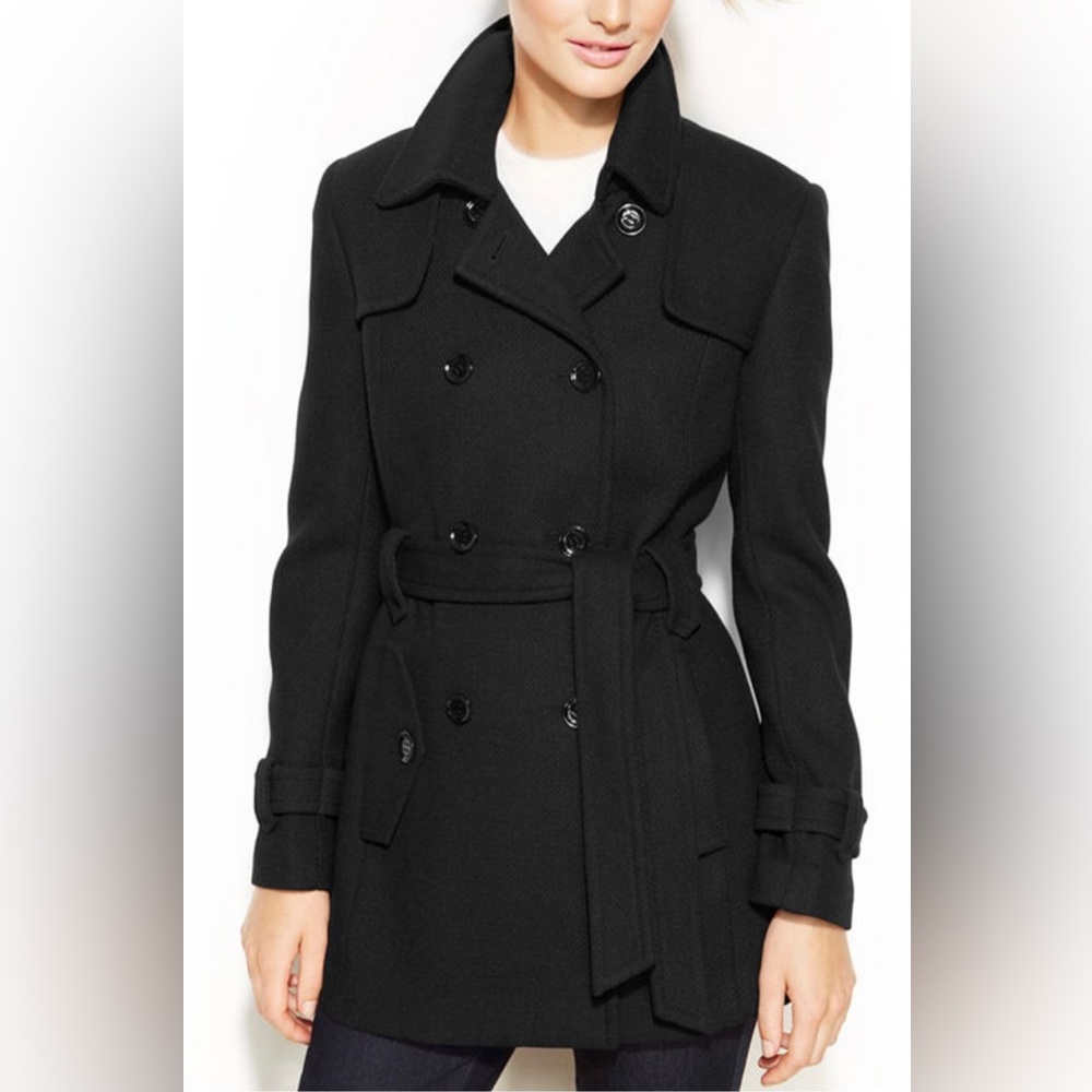 Black Calvin Klein Double Breasted Belted Pea Coat, Size 8